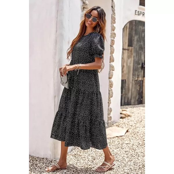 imagePRETTYGARDEN Womens Summer Casual Boho Dress Floral Print Ruffle Puff Sleeve High Waist Midi Beach DressesPolk Black