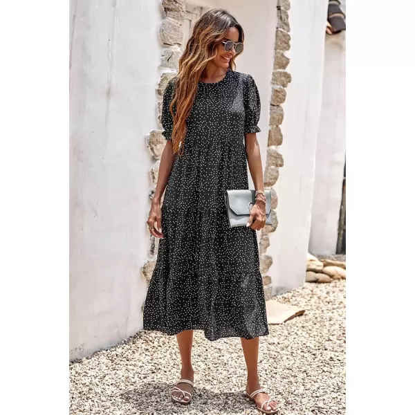 imagePRETTYGARDEN Womens Summer Casual Boho Dress Floral Print Ruffle Puff Sleeve High Waist Midi Beach DressesPolk Black