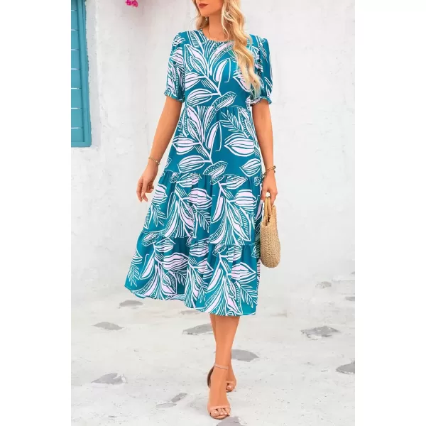 imagePRETTYGARDEN Womens Summer Casual Boho Dress Floral Print Ruffle Puff Sleeve High Waist Midi Beach DressesPrint Blue