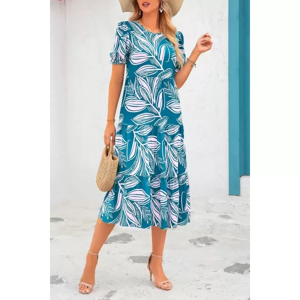 imagePRETTYGARDEN Womens Summer Casual Boho Dress Floral Print Ruffle Puff Sleeve High Waist Midi Beach DressesPrint Blue