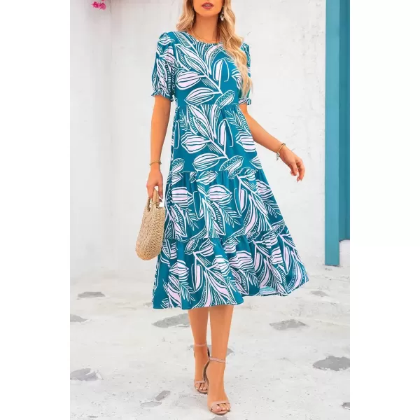 imagePRETTYGARDEN Womens Summer Casual Boho Dress Floral Print Ruffle Puff Sleeve High Waist Midi Beach DressesPrint Blue
