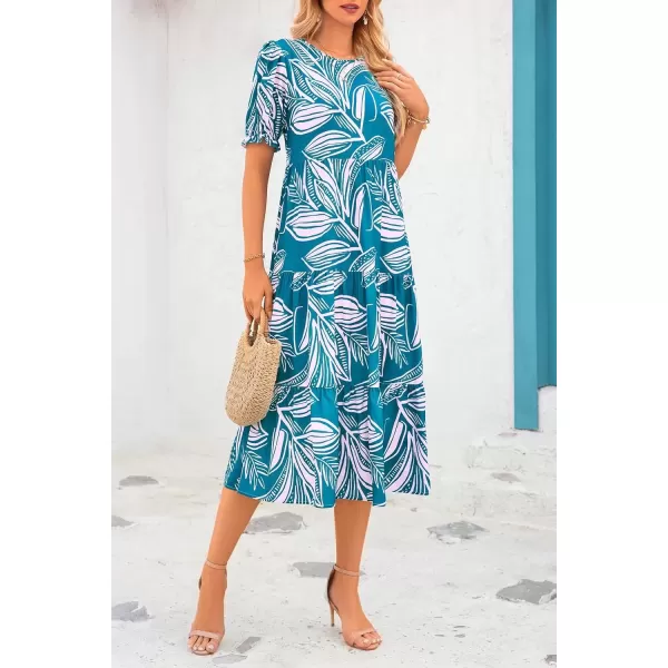 imagePRETTYGARDEN Womens Summer Casual Boho Dress Floral Print Ruffle Puff Sleeve High Waist Midi Beach DressesPrint Blue