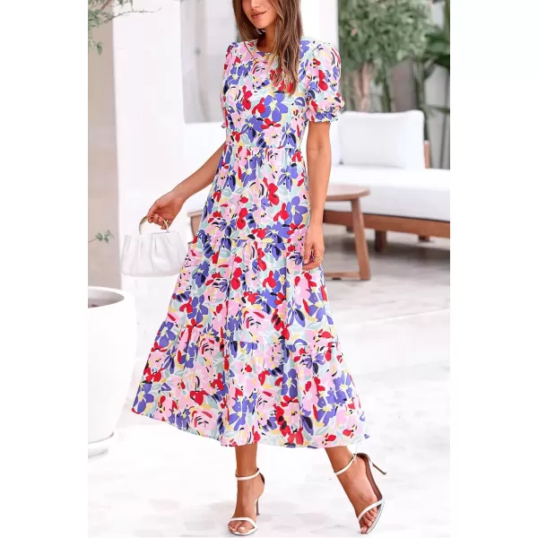 imagePRETTYGARDEN Womens Summer Casual Boho Dress Floral Print Ruffle Puff Sleeve High Waist Midi Beach DressesPrint Multicolored