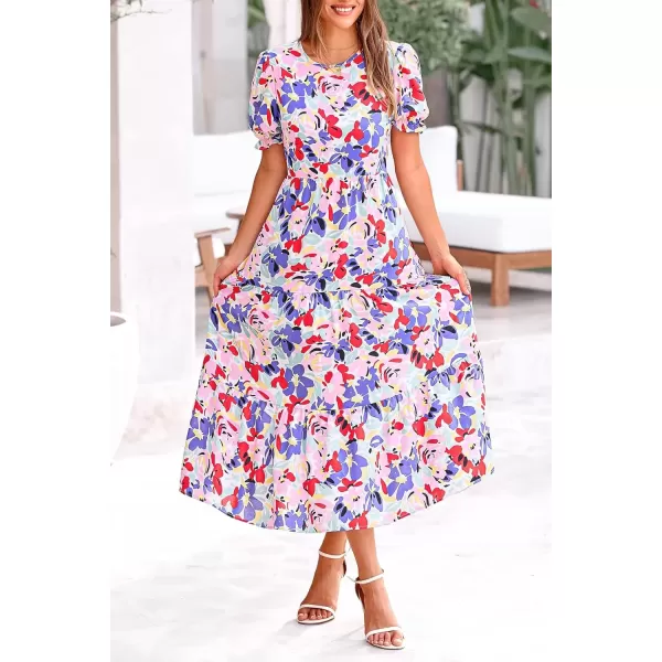imagePRETTYGARDEN Womens Summer Casual Boho Dress Floral Print Ruffle Puff Sleeve High Waist Midi Beach DressesPrint Multicolored