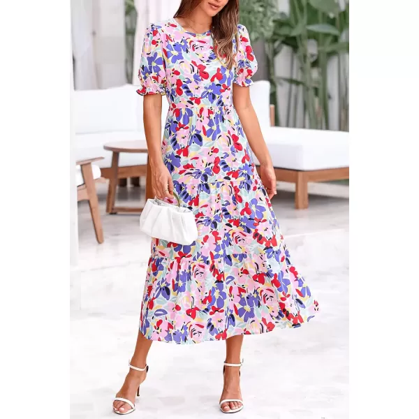 imagePRETTYGARDEN Womens Summer Casual Boho Dress Floral Print Ruffle Puff Sleeve High Waist Midi Beach DressesPrint Multicolored