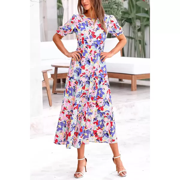 imagePRETTYGARDEN Womens Summer Casual Boho Dress Floral Print Ruffle Puff Sleeve High Waist Midi Beach DressesPrint Multicolored