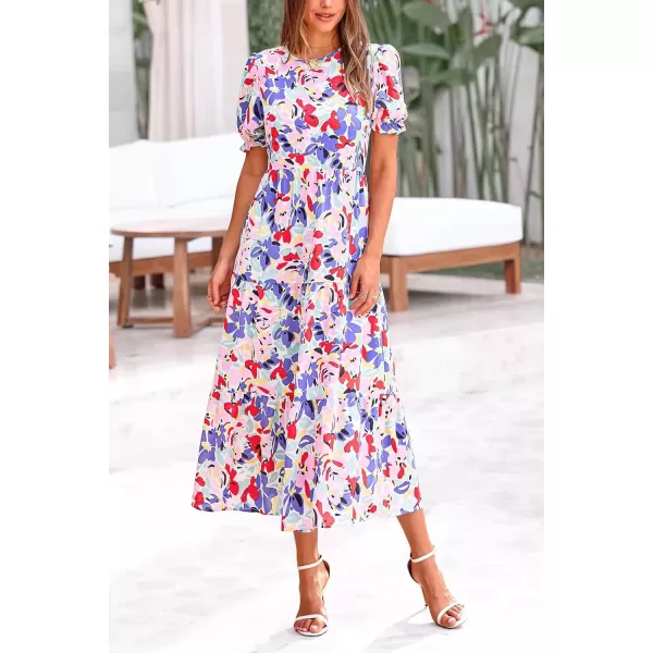 imagePRETTYGARDEN Womens Summer Casual Boho Dress Floral Print Ruffle Puff Sleeve High Waist Midi Beach DressesPrint Multicolored