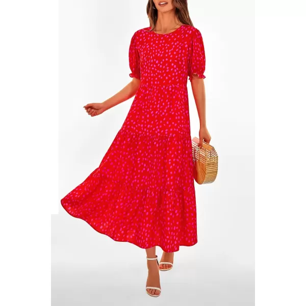 imagePRETTYGARDEN Womens Summer Casual Boho Dress Floral Print Ruffle Puff Sleeve High Waist Midi Beach DressesPrint Red