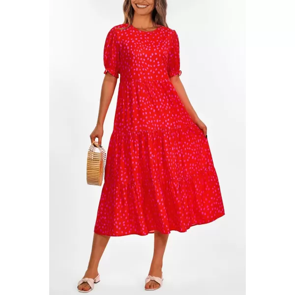 imagePRETTYGARDEN Womens Summer Casual Boho Dress Floral Print Ruffle Puff Sleeve High Waist Midi Beach DressesPrint Red