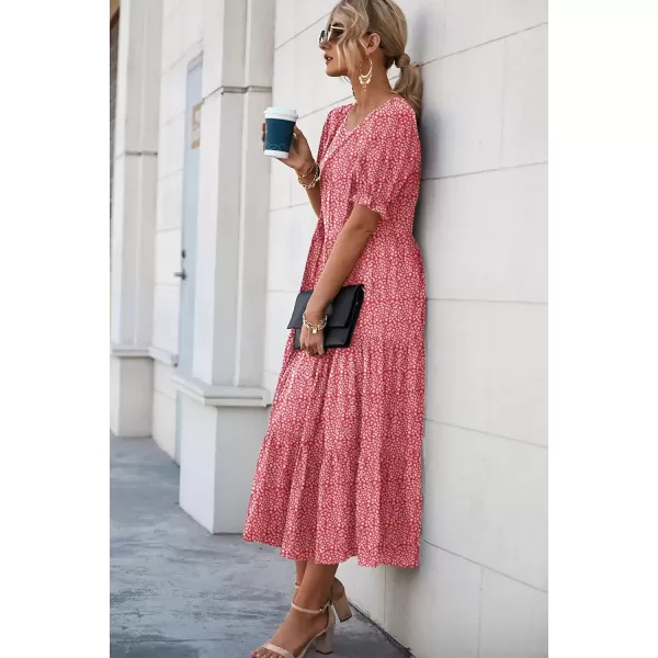 imagePRETTYGARDEN Womens Summer Casual Boho Dress Floral Print Ruffle Puff Sleeve High Waist Midi Beach DressesRed