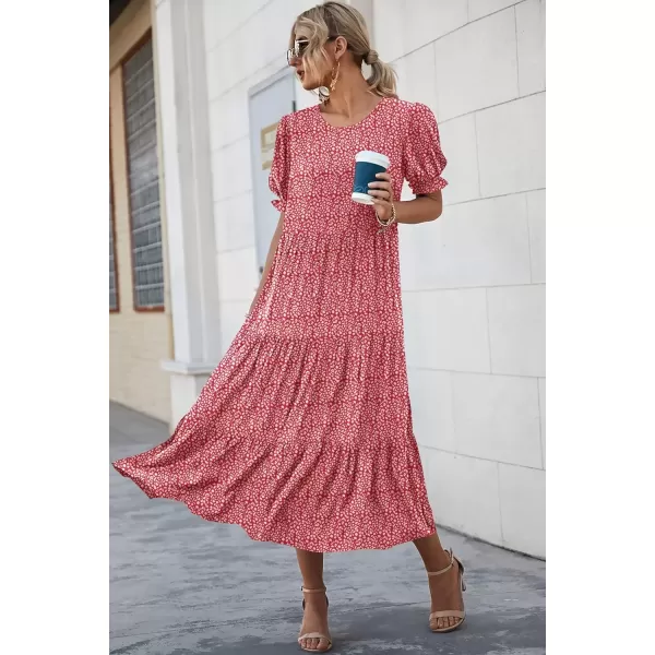 imagePRETTYGARDEN Womens Summer Casual Boho Dress Floral Print Ruffle Puff Sleeve High Waist Midi Beach DressesRed