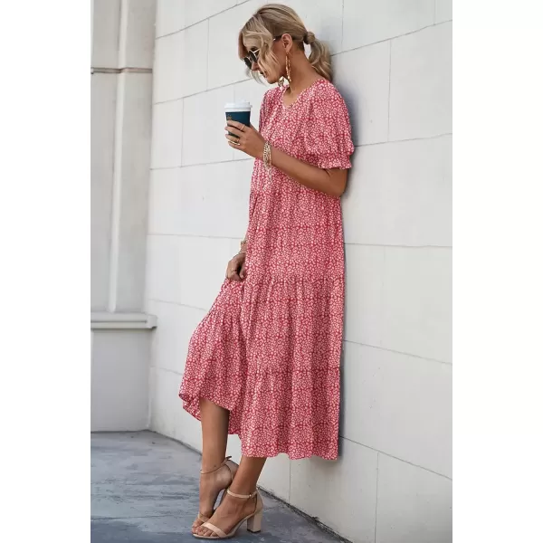 imagePRETTYGARDEN Womens Summer Casual Boho Dress Floral Print Ruffle Puff Sleeve High Waist Midi Beach DressesRed