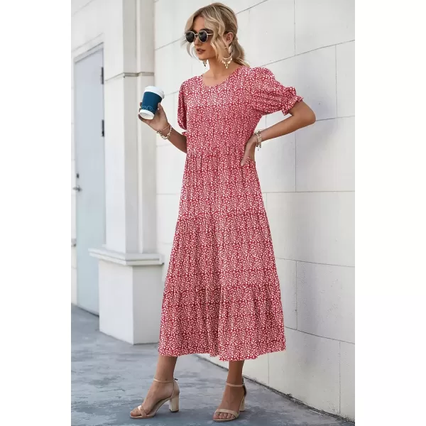 imagePRETTYGARDEN Womens Summer Casual Boho Dress Floral Print Ruffle Puff Sleeve High Waist Midi Beach DressesRed