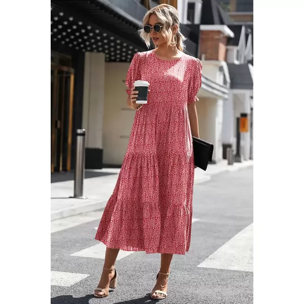 imagePRETTYGARDEN Womens Summer Casual Boho Dress Floral Print Ruffle Puff Sleeve High Waist Midi Beach DressesRed
