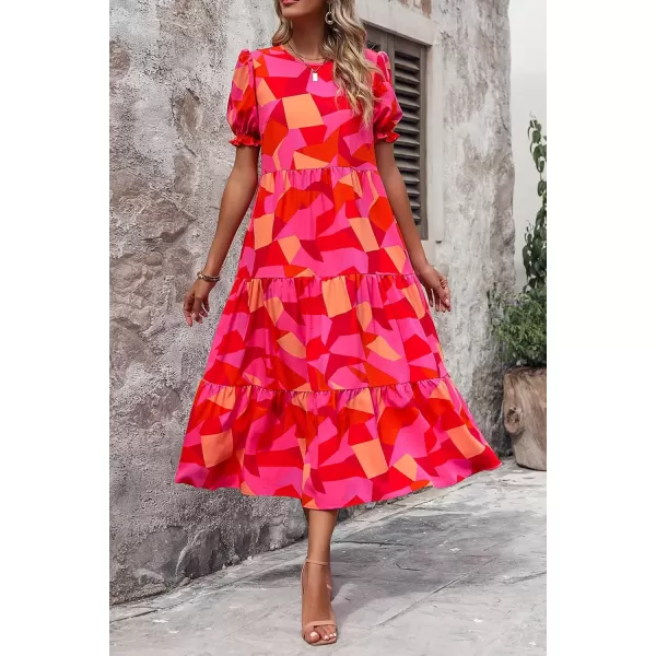 imagePRETTYGARDEN Womens Summer Casual Boho Dress Floral Print Ruffle Puff Sleeve High Waist Midi Beach DressesRed Block