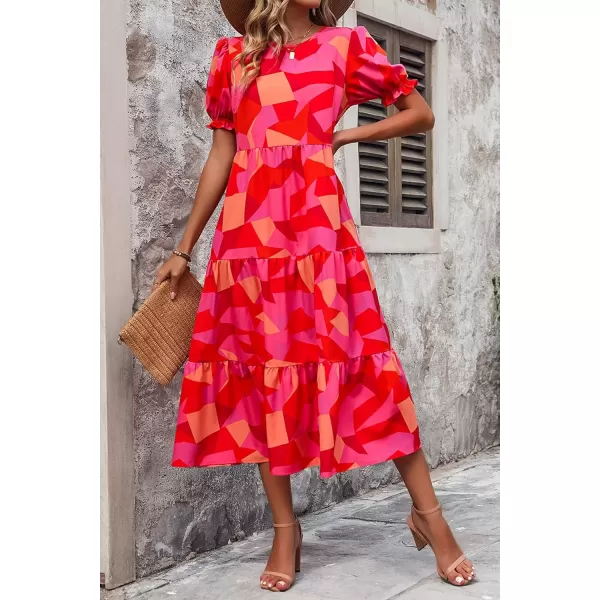 imagePRETTYGARDEN Womens Summer Casual Boho Dress Floral Print Ruffle Puff Sleeve High Waist Midi Beach DressesRed Block