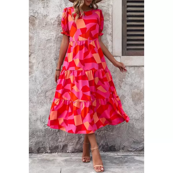 imagePRETTYGARDEN Womens Summer Casual Boho Dress Floral Print Ruffle Puff Sleeve High Waist Midi Beach DressesRed Block