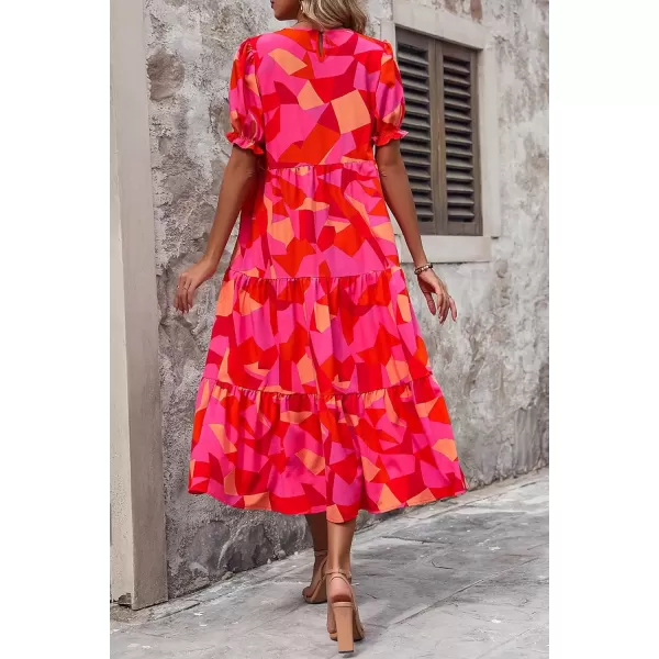 imagePRETTYGARDEN Womens Summer Casual Boho Dress Floral Print Ruffle Puff Sleeve High Waist Midi Beach DressesRed Block