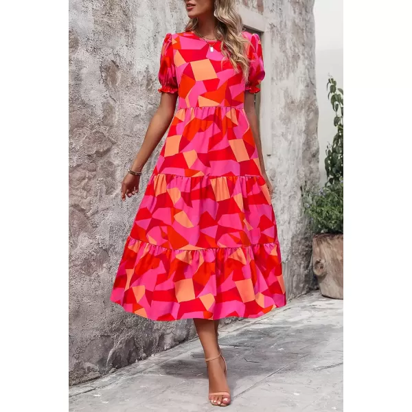 imagePRETTYGARDEN Womens Summer Casual Boho Dress Floral Print Ruffle Puff Sleeve High Waist Midi Beach DressesRed Block