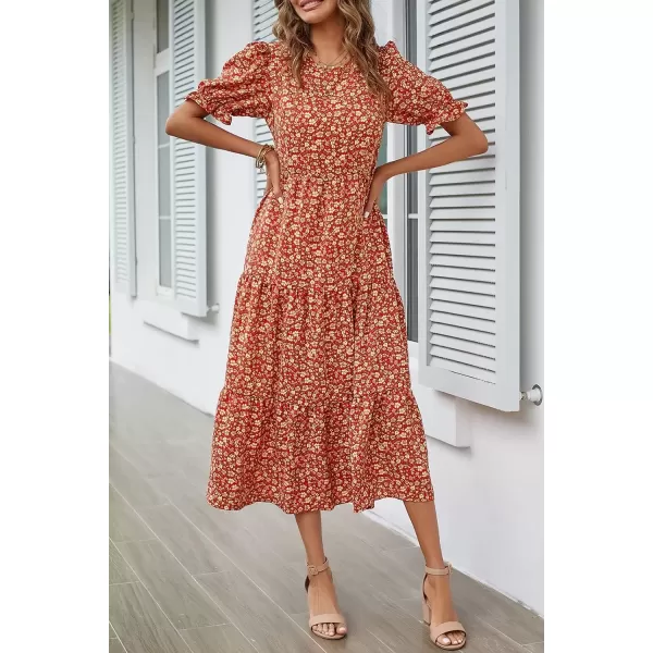 imagePRETTYGARDEN Womens Summer Casual Boho Dress Floral Print Ruffle Puff Sleeve High Waist Midi Beach DressesRed Orange Floral