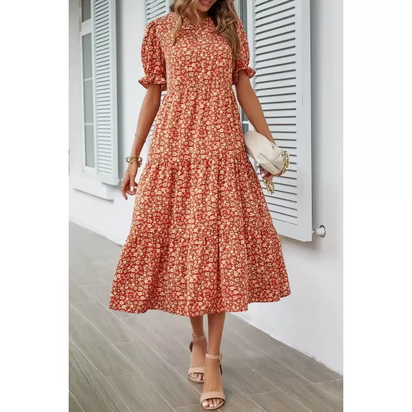 imagePRETTYGARDEN Womens Summer Casual Boho Dress Floral Print Ruffle Puff Sleeve High Waist Midi Beach DressesRed Orange Floral