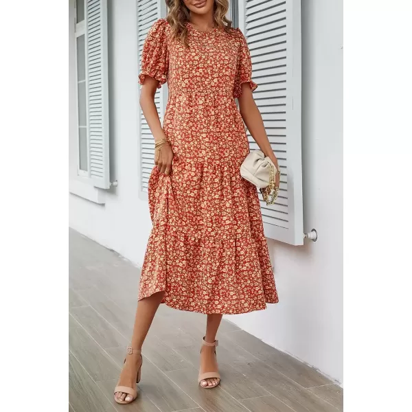 imagePRETTYGARDEN Womens Summer Casual Boho Dress Floral Print Ruffle Puff Sleeve High Waist Midi Beach DressesRed Orange Floral