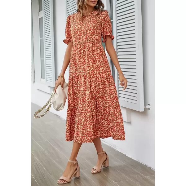 imagePRETTYGARDEN Womens Summer Casual Boho Dress Floral Print Ruffle Puff Sleeve High Waist Midi Beach DressesRed Orange Floral
