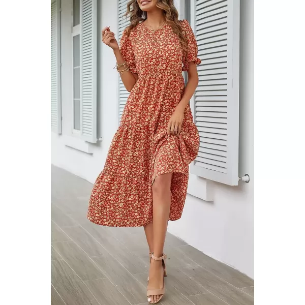 imagePRETTYGARDEN Womens Summer Casual Boho Dress Floral Print Ruffle Puff Sleeve High Waist Midi Beach DressesRed Orange Floral