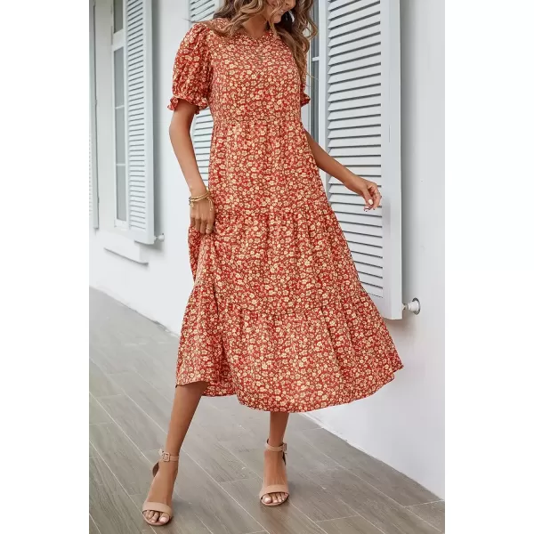 imagePRETTYGARDEN Womens Summer Casual Boho Dress Floral Print Ruffle Puff Sleeve High Waist Midi Beach DressesRed Orange Floral