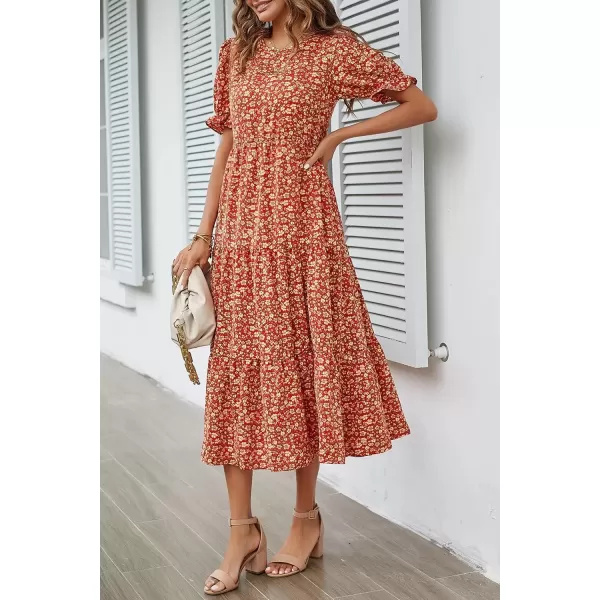 imagePRETTYGARDEN Womens Summer Casual Boho Dress Floral Print Ruffle Puff Sleeve High Waist Midi Beach DressesRed Orange Floral
