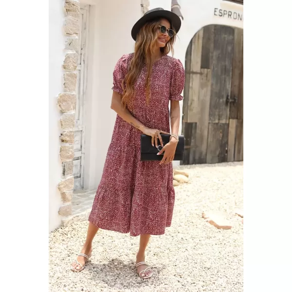 imagePRETTYGARDEN Womens Summer Casual Boho Dress Floral Print Ruffle Puff Sleeve High Waist Midi Beach DressesRed White