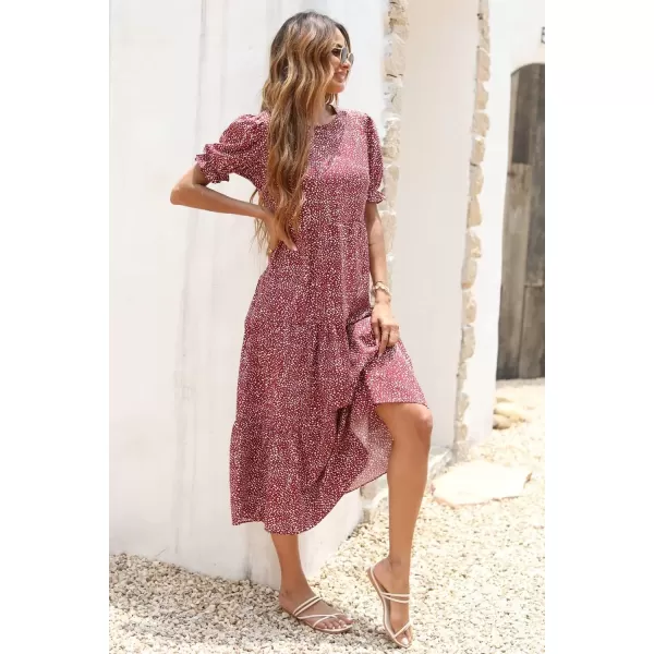 imagePRETTYGARDEN Womens Summer Casual Boho Dress Floral Print Ruffle Puff Sleeve High Waist Midi Beach DressesRed White