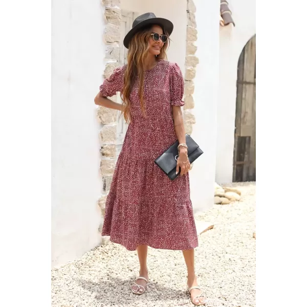 imagePRETTYGARDEN Womens Summer Casual Boho Dress Floral Print Ruffle Puff Sleeve High Waist Midi Beach DressesRed White