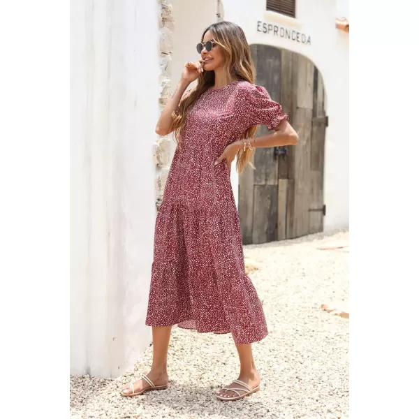 imagePRETTYGARDEN Womens Summer Casual Boho Dress Floral Print Ruffle Puff Sleeve High Waist Midi Beach DressesRed White