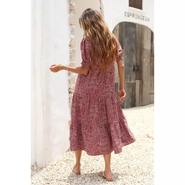 imagePRETTYGARDEN Womens Summer Casual Boho Dress Floral Print Ruffle Puff Sleeve High Waist Midi Beach DressesRed White