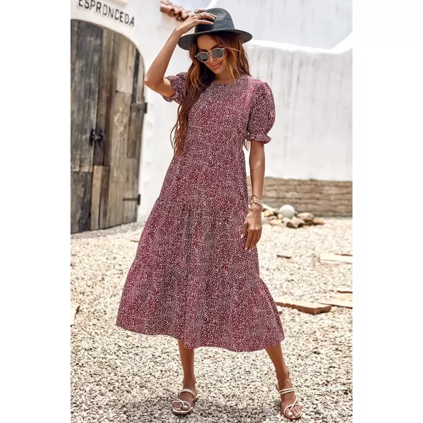 imagePRETTYGARDEN Womens Summer Casual Boho Dress Floral Print Ruffle Puff Sleeve High Waist Midi Beach DressesRed White