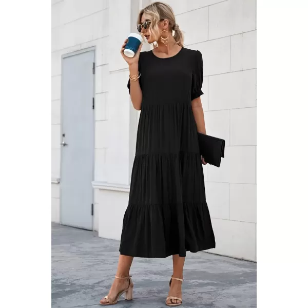 imagePRETTYGARDEN Womens Summer Casual Boho Dress Floral Print Ruffle Puff Sleeve High Waist Midi Beach DressesSolid Black