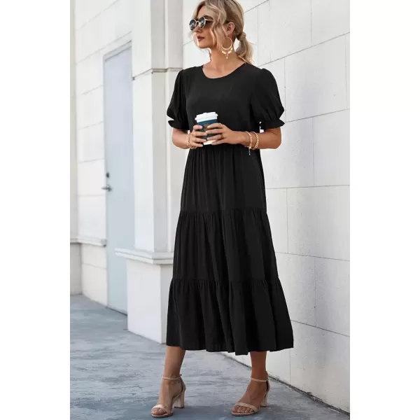 imagePRETTYGARDEN Womens Summer Casual Boho Dress Floral Print Ruffle Puff Sleeve High Waist Midi Beach DressesSolid Black