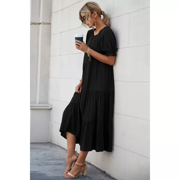 imagePRETTYGARDEN Womens Summer Casual Boho Dress Floral Print Ruffle Puff Sleeve High Waist Midi Beach DressesSolid Black