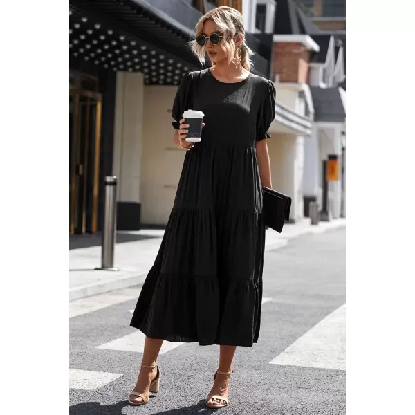 imagePRETTYGARDEN Womens Summer Casual Boho Dress Floral Print Ruffle Puff Sleeve High Waist Midi Beach DressesSolid Black
