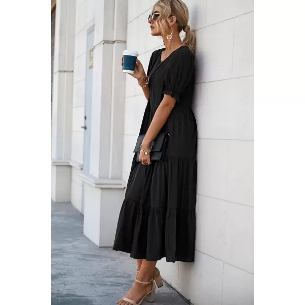 imagePRETTYGARDEN Womens Summer Casual Boho Dress Floral Print Ruffle Puff Sleeve High Waist Midi Beach DressesSolid Black