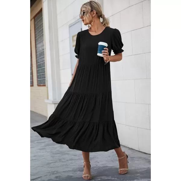 imagePRETTYGARDEN Womens Summer Casual Boho Dress Floral Print Ruffle Puff Sleeve High Waist Midi Beach DressesSolid Black