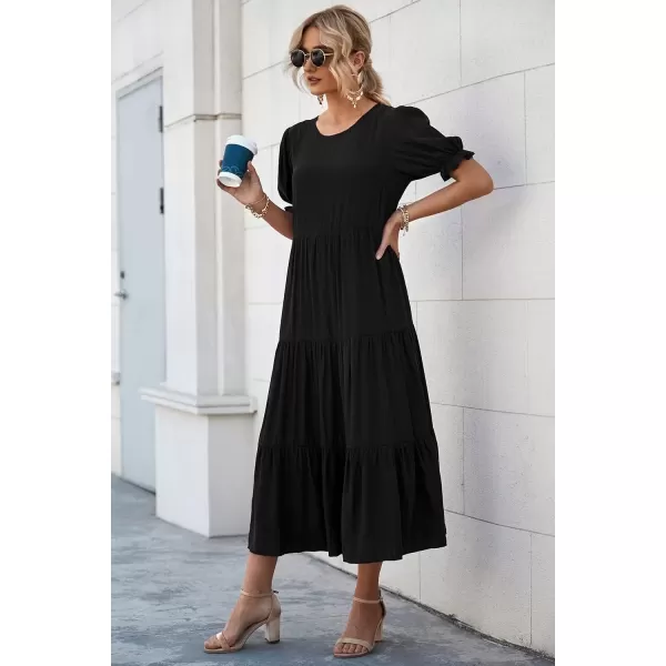 imagePRETTYGARDEN Womens Summer Casual Boho Dress Floral Print Ruffle Puff Sleeve High Waist Midi Beach DressesSolid Black