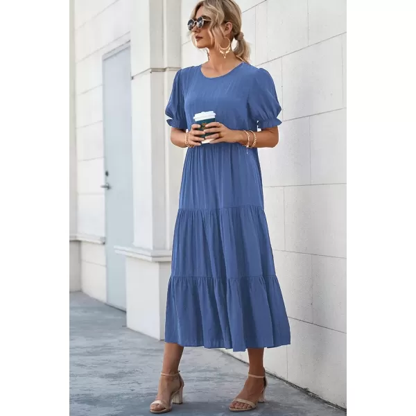 imagePRETTYGARDEN Womens Summer Casual Boho Dress Floral Print Ruffle Puff Sleeve High Waist Midi Beach DressesSolid Blue