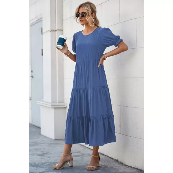 imagePRETTYGARDEN Womens Summer Casual Boho Dress Floral Print Ruffle Puff Sleeve High Waist Midi Beach DressesSolid Blue