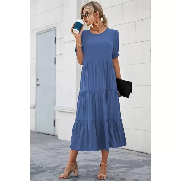 imagePRETTYGARDEN Womens Summer Casual Boho Dress Floral Print Ruffle Puff Sleeve High Waist Midi Beach DressesSolid Blue