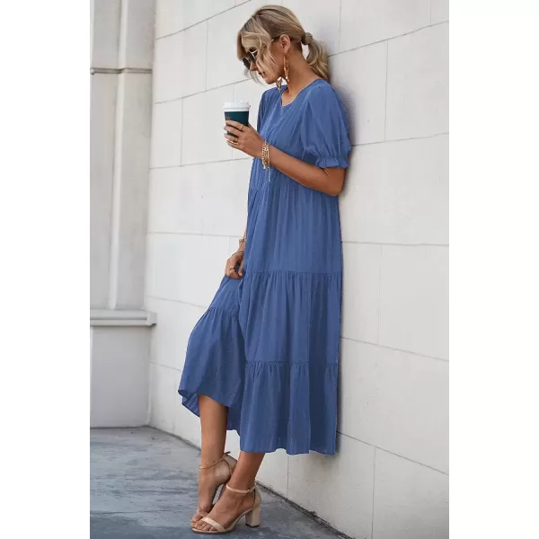 imagePRETTYGARDEN Womens Summer Casual Boho Dress Floral Print Ruffle Puff Sleeve High Waist Midi Beach DressesSolid Blue