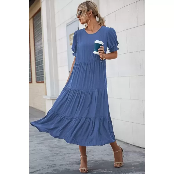 imagePRETTYGARDEN Womens Summer Casual Boho Dress Floral Print Ruffle Puff Sleeve High Waist Midi Beach DressesSolid Blue