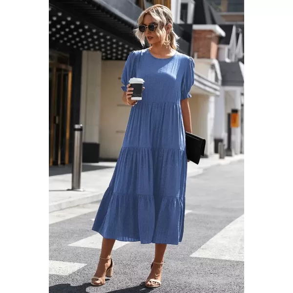 imagePRETTYGARDEN Womens Summer Casual Boho Dress Floral Print Ruffle Puff Sleeve High Waist Midi Beach DressesSolid Blue