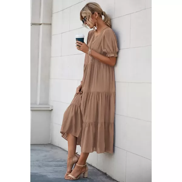 imagePRETTYGARDEN Womens Summer Casual Boho Dress Floral Print Ruffle Puff Sleeve High Waist Midi Beach DressesSolid Dark Khaki